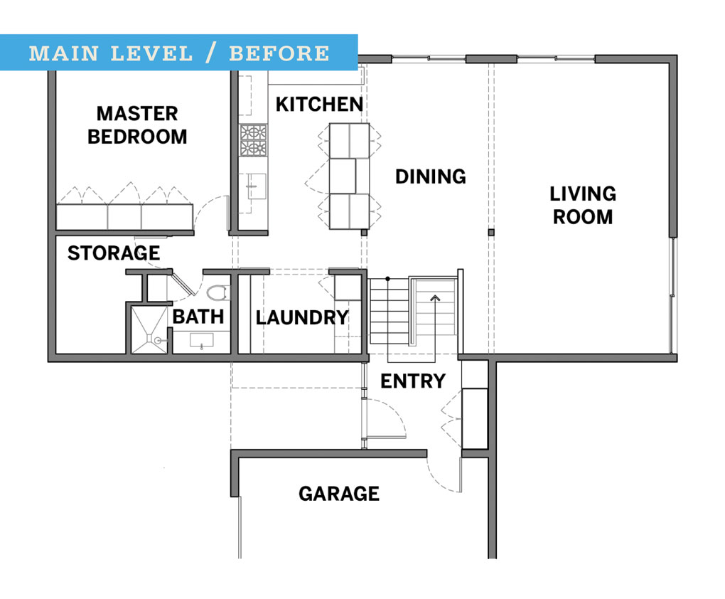 The blueprints of a floor plan before a remodel.