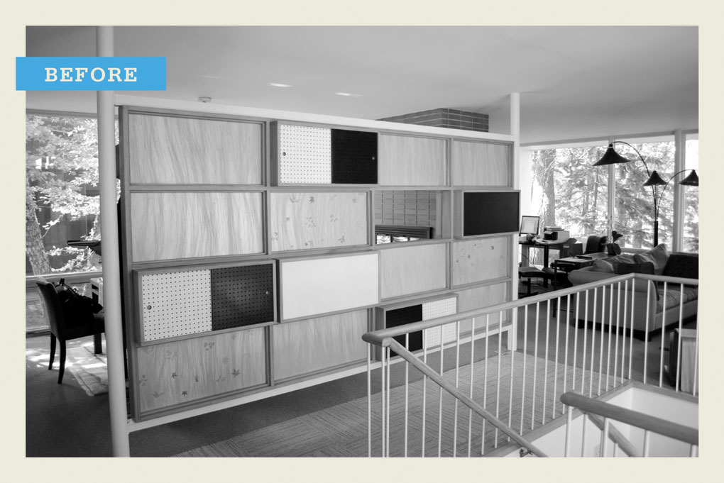 A black-and-white "before" photo of an outdated wall of cabinets.