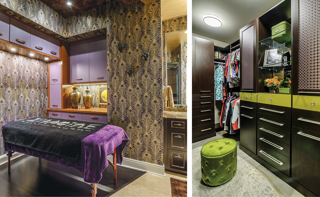 The left side of the picture shows a spa room with massage table, peacock feather-patterned wallpaper and small counter with vases. On the right side is a large closet with dark cabinetry and a green stool.
