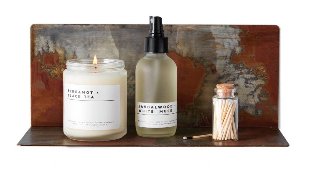 Acid washed shelf, $26, True Hue Bergamot + Black Tea candle, $18, True Hue Sandalwood + White Husk spray, $14, True Hue matches, $8, Ciel Loft & Home