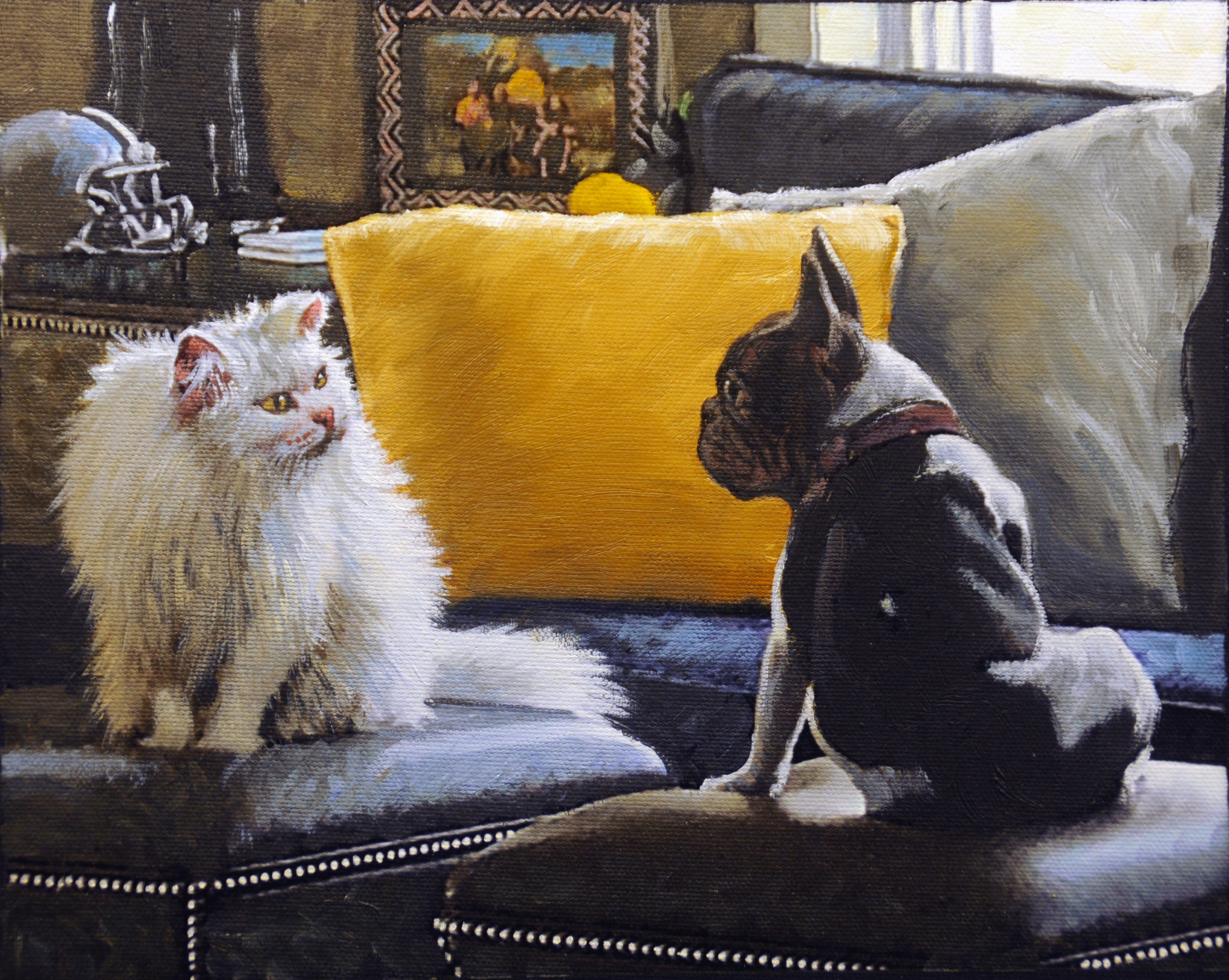 This Post and Paint work of art forever captures the everyday dynamics between two pets.
