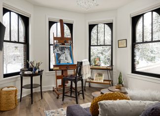 This home art studio has natural light and thoughtfully selected furniture pieces to provide an inspiring creative haven.