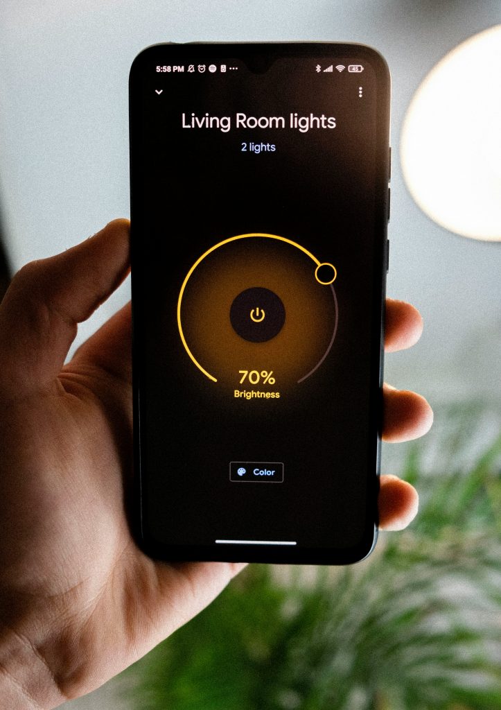 Person holding iPhone showing an app that can control living room light brightness