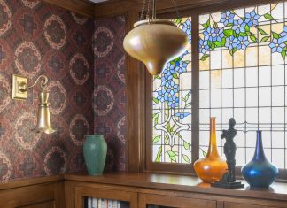 Inspiration for the design of the glass in this room came from the client’s favorite flower—a clematis vine that blooms in the homeowner's yard.