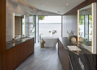 soaking tub overlooking lakeside window