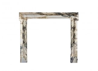 The marble brushstrokes on Jamb's Merethorth Mantel complement the "eared" 18th-century form.