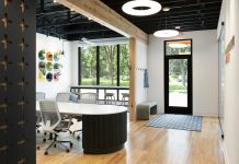 Custom-designed metal shelves blend color, depth, and functionality.