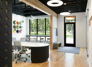 Custom-designed metal shelves blend color, depth, and functionality.